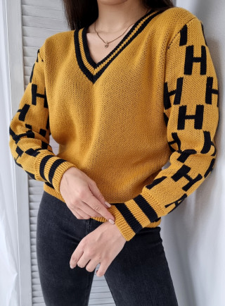 Sweter dekolt V FOCUS żółty