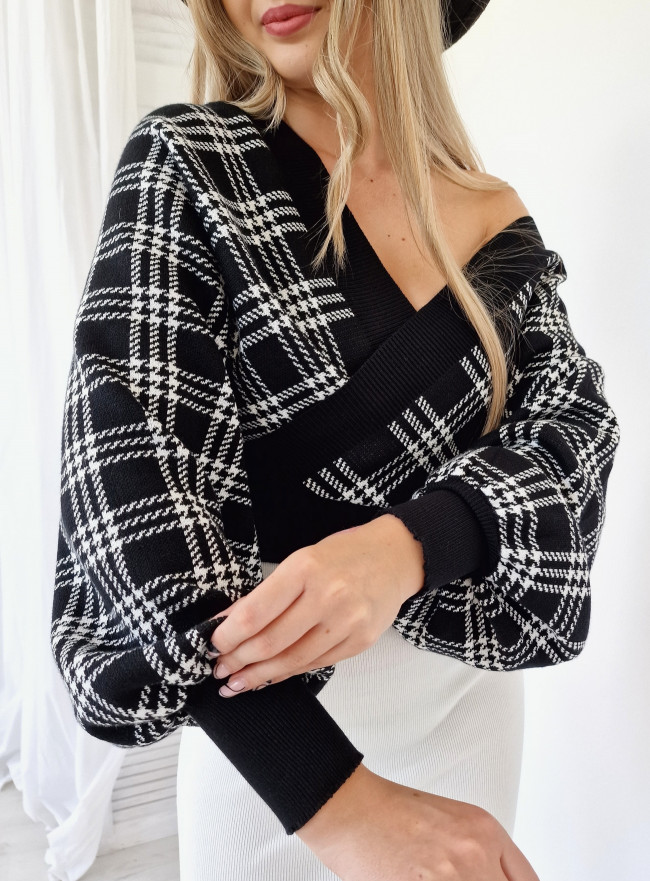 Sweter kimono krata VINECK czarny